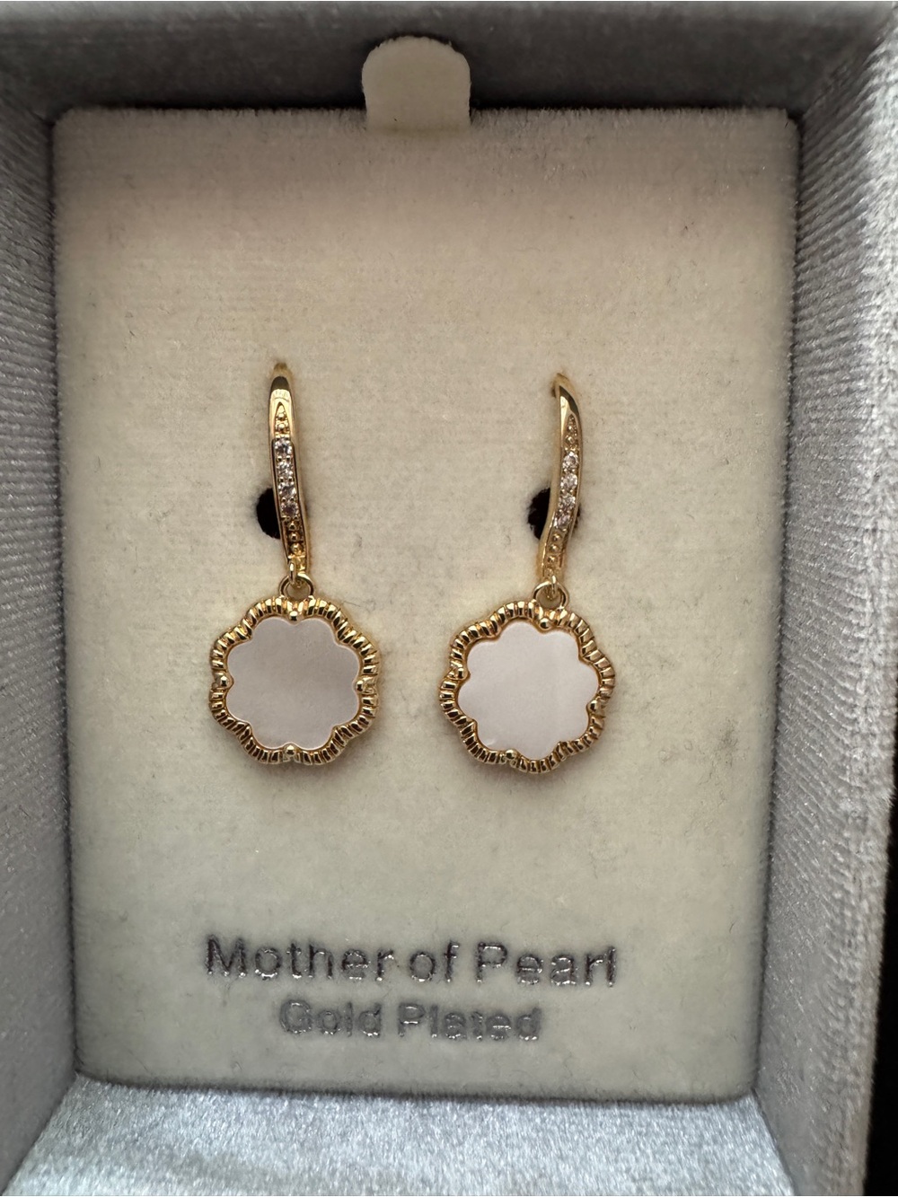 Gold-Plated Mother of Pearl Floral Drop Earrings in White and Gold